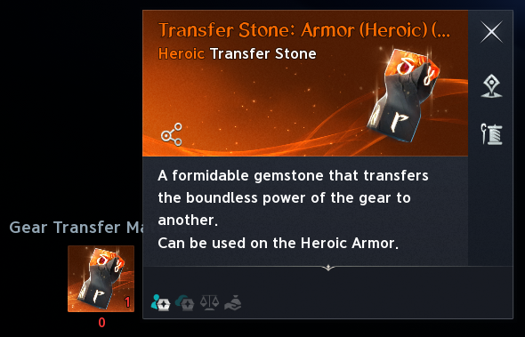 Heroic Armor Transfer Stone tooltip. See the labeled text legend for screenshot values and uncertainties.