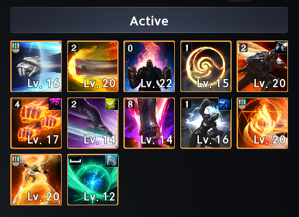 Active skill grid with varied effective levels. See the numbered or labeled text legend for the screenshot details.