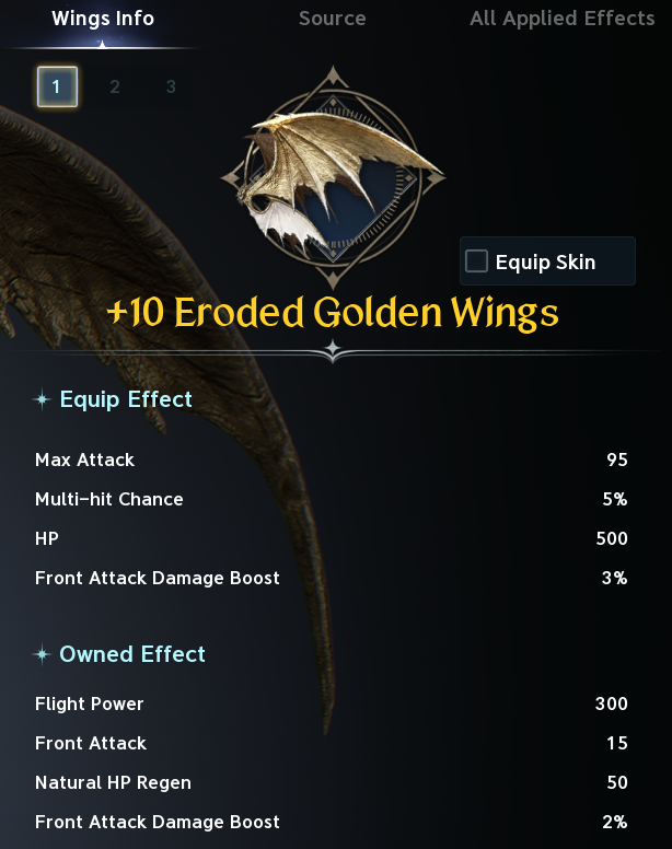 Eroded Golden Wings equipped and owned stats. The text legend preserves labeled values, colors and source qualifications.