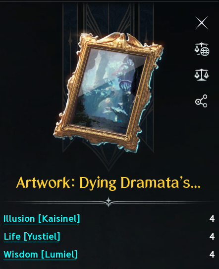 Artwork/portrait item grants three Pantheon stats. See the numbered or labeled text legend for the screenshot details.