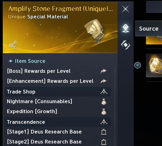 Shows the in-game Source action and example item sources. See the numbered or labeled text legend for the screenshot details.