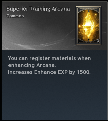 Superior Training Arcana tooltip. The text legend preserves labeled values, colors and source qualifications.