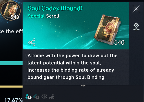 Soul Codex tooltip. See the labeled text legend for screenshot values and uncertainties.