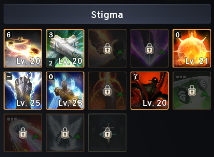 Stigma skill grid with six visible leveled tiles and locked tiles. See the numbered or labeled text legend for the screenshot details.