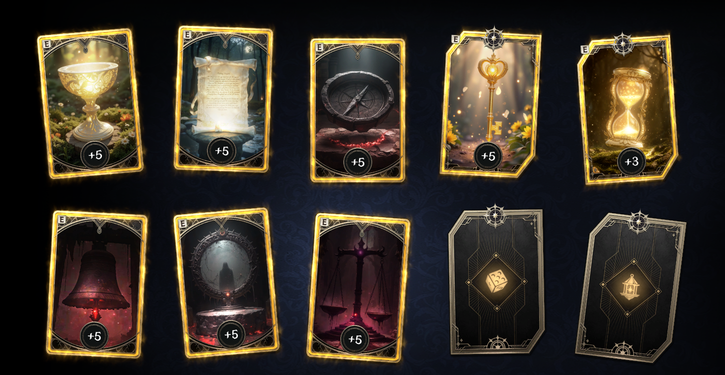 Eight equipped Arcana, two unfilled slots. The text legend preserves labeled values, colors and source qualifications.