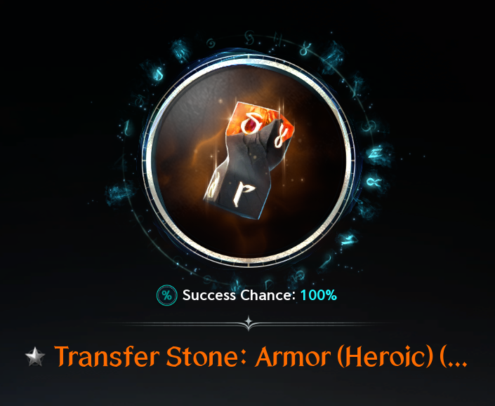 Morph output: Heroic Armor Transfer Stone. See the labeled text legend for screenshot values and uncertainties.