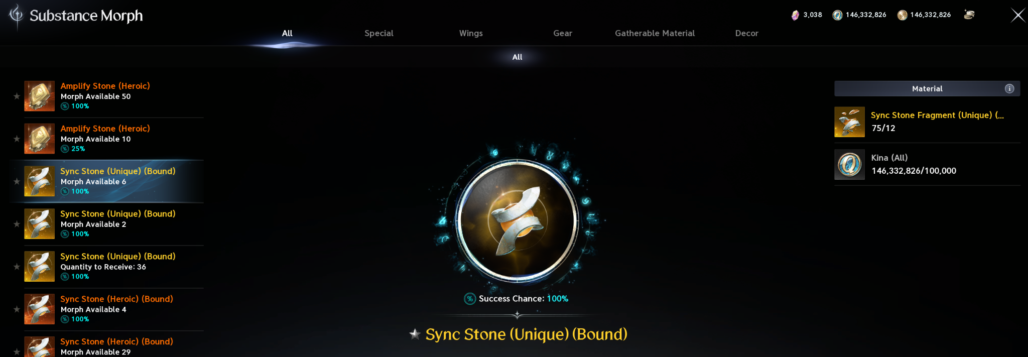 Substance Morph recipe for Sync Stone from fragments. See the numbered or labeled text legend for the screenshot details.