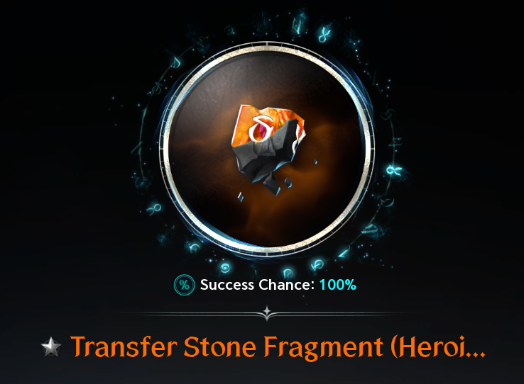Morph output: Heroic Transfer Stone Fragment. See the labeled text legend for screenshot values and uncertainties.