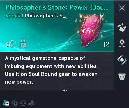 Philosopher's Stone tooltip for extra power. See the labeled text legend for screenshot values and uncertainties.
