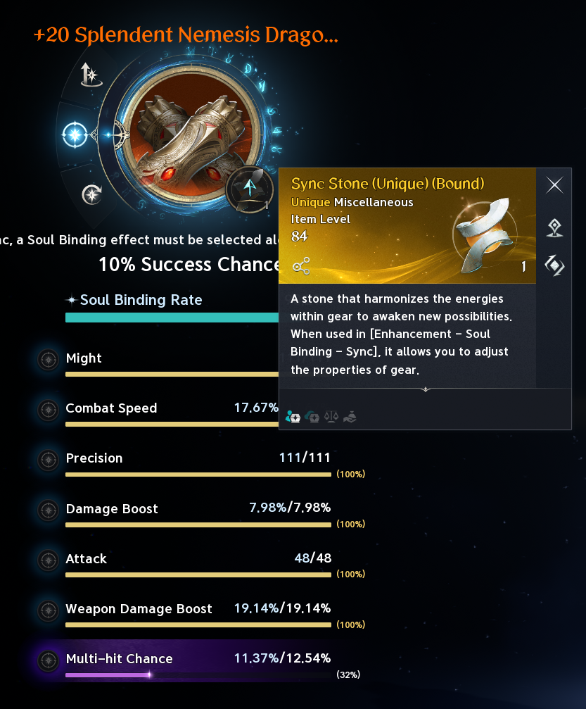 Shows low-grade Synch Stone on Heroic gear and 10% reroll chance. See the numbered or labeled text legend for the screenshot details.