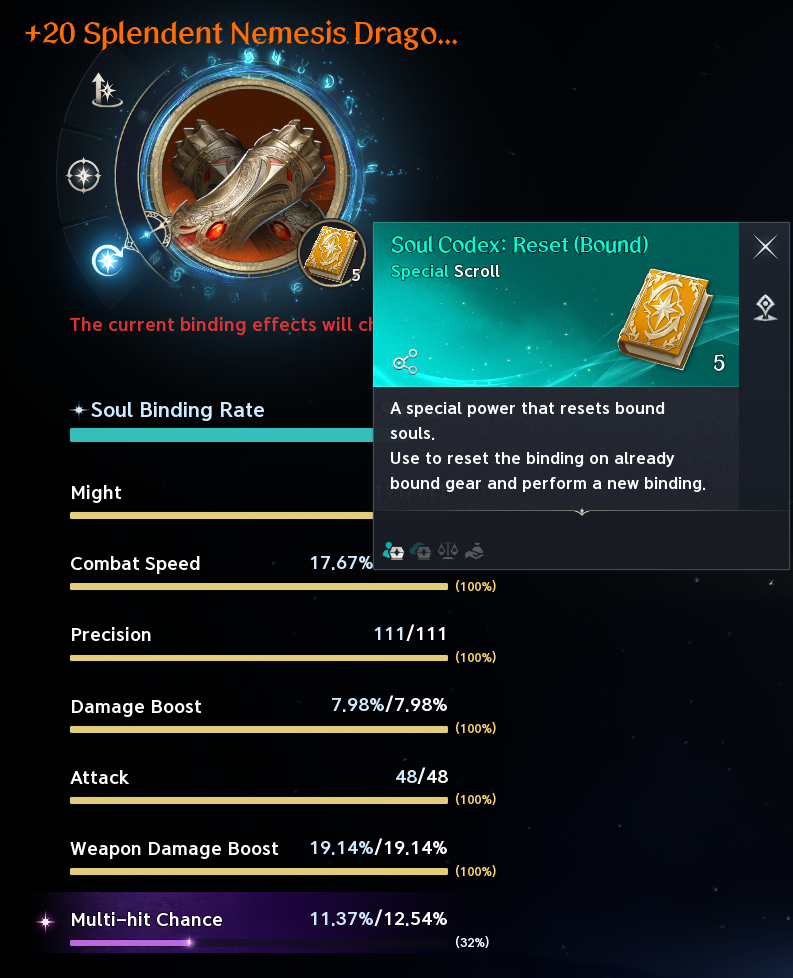 Soul Codex Reset tooltip beside full-reroll menu. See the numbered or labeled text legend for the screenshot details.
