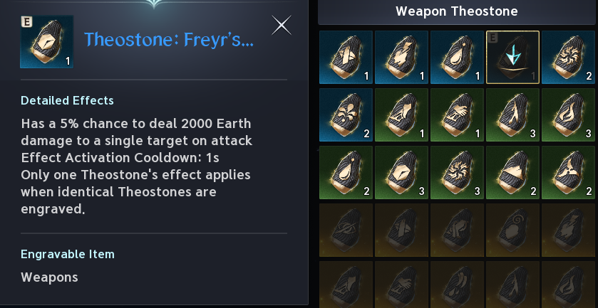 Earth Theostone tooltip and selectable inventory. See the labeled text legend for screenshot values and uncertainties.