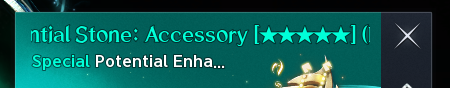 Five-star accessory potential stone tooltip crop. See the labeled text legend for screenshot values and uncertainties.