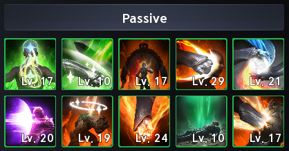 Passive skill grid demonstrating effective levels beyond 20. See the numbered or labeled text legend for the screenshot details.