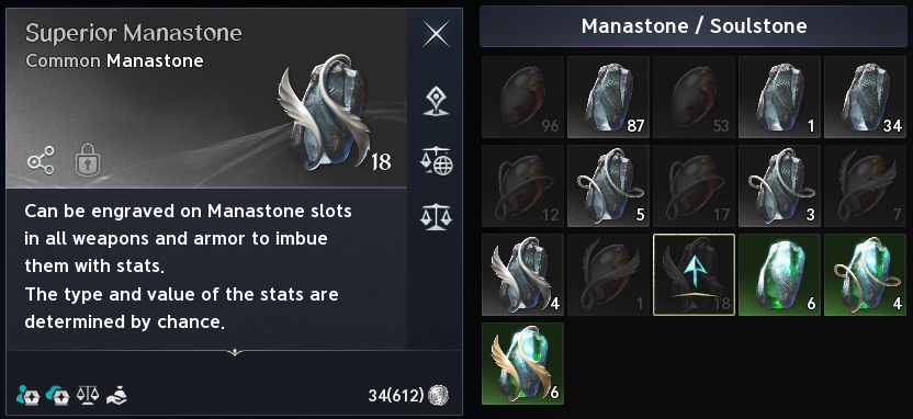 Superior Manastone tooltip and inventory. See the labeled text legend for screenshot values and uncertainties.