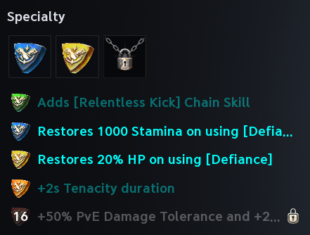 Specialty Perks and selectable slots on an Active skill. See the numbered or labeled text legend for the screenshot details.