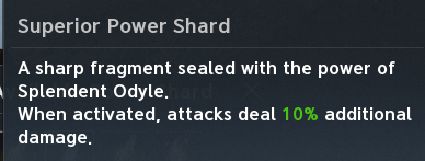 Superior Power Shard tooltip. The text legend preserves labeled values, colors and source qualifications.