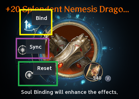 Color-annotated Soul Binding controls. See the labeled text legend for screenshot values and uncertainties.
