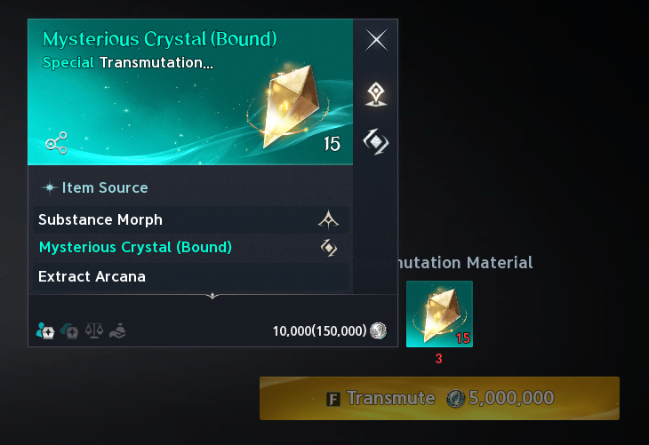 Mysterious Crystal crafting material. The text legend preserves labeled values, colors and source qualifications.