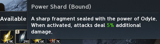 Regular Power Shard tooltip. The text legend preserves labeled values, colors and source qualifications.